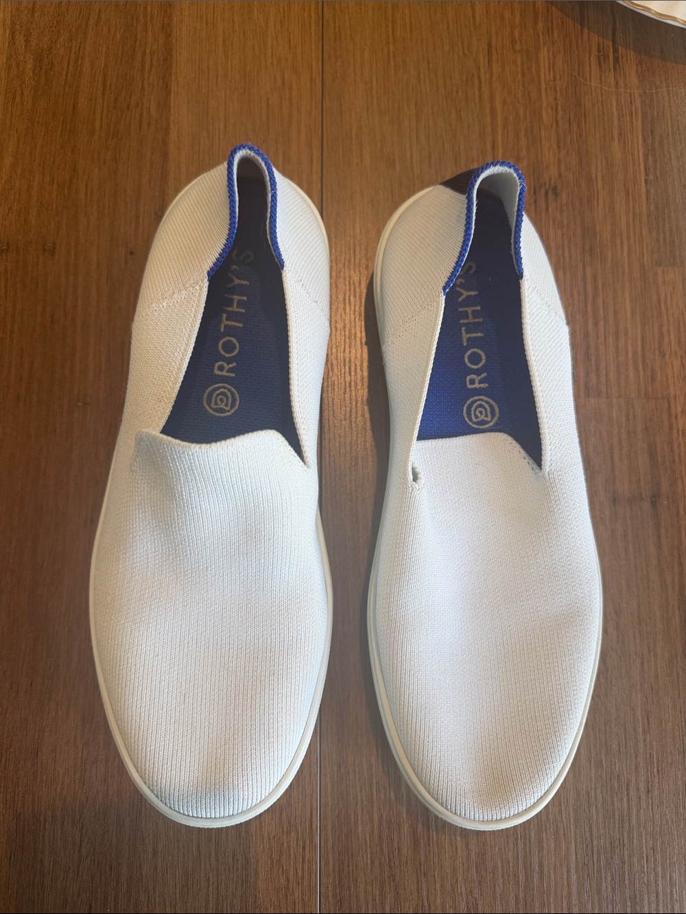 Rothy's White Knit Slip-On Loafers with Blue Trim